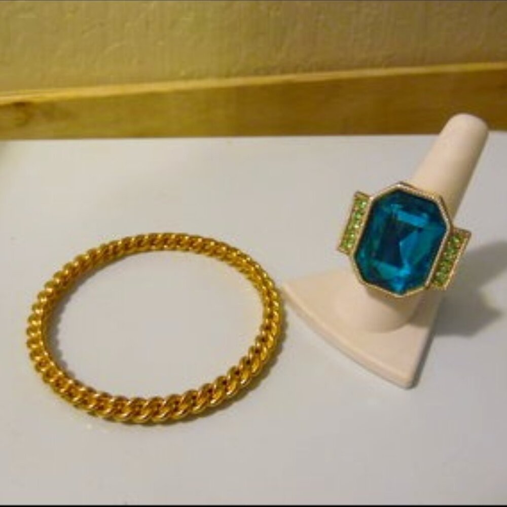 Colleen Lopez Turquoise-Color Bold Crystal Statement Ring & Bangle